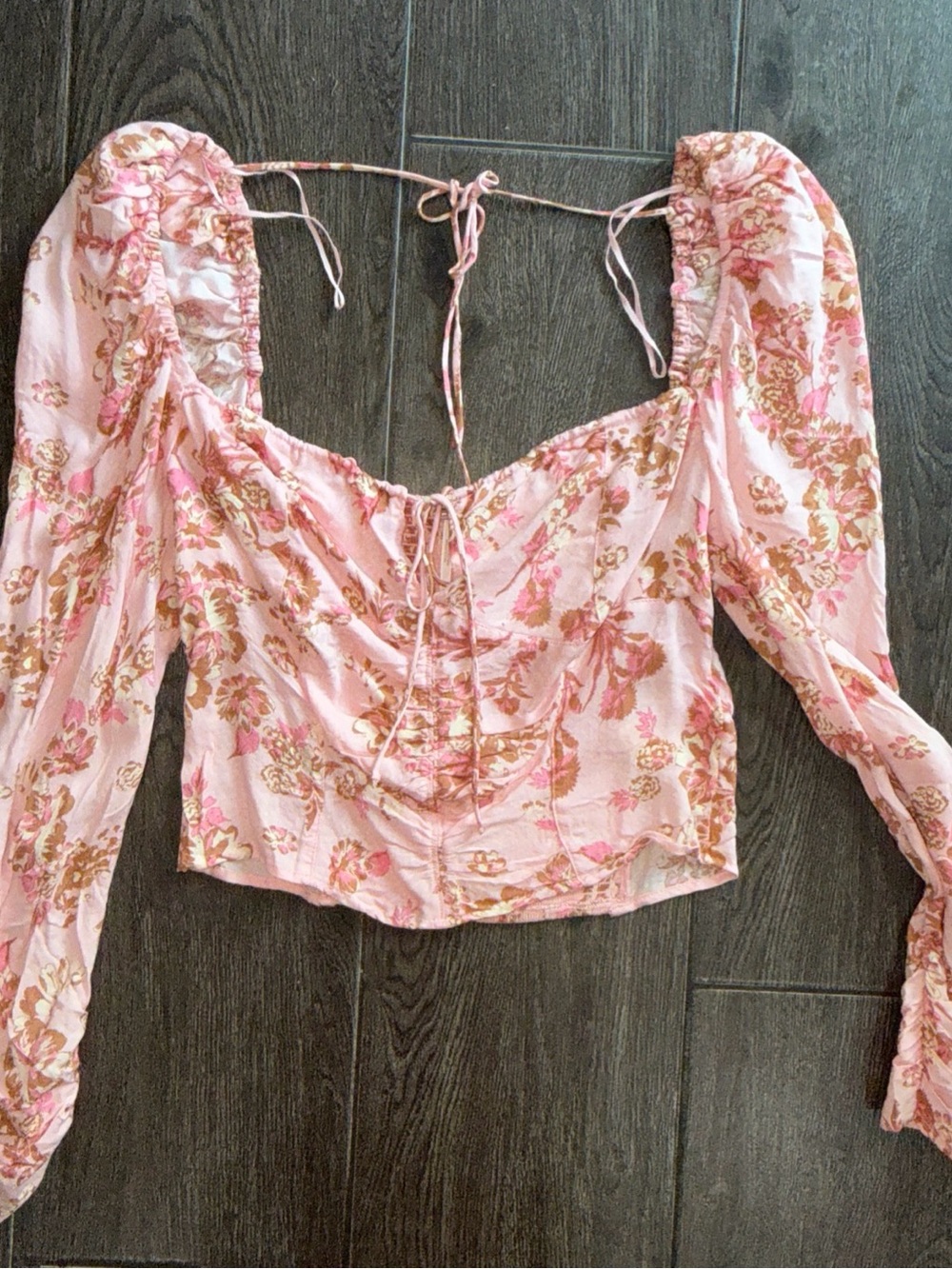 Free People Floral Pink Ruched Square-Neck Women's Top xs